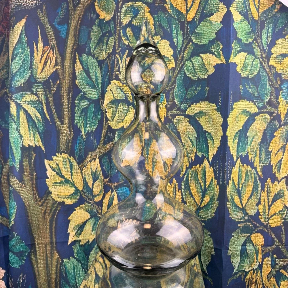 Vintage Smoky Gray Glass Triple Gourd Decanter with Teardrop Stopper‎ 16.5 inch